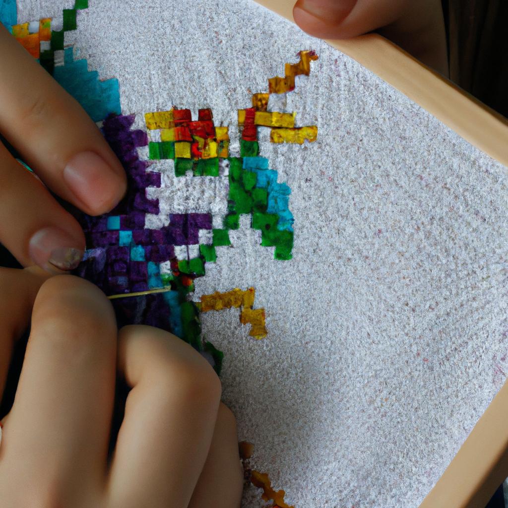 Person cross stitching with colorful thread