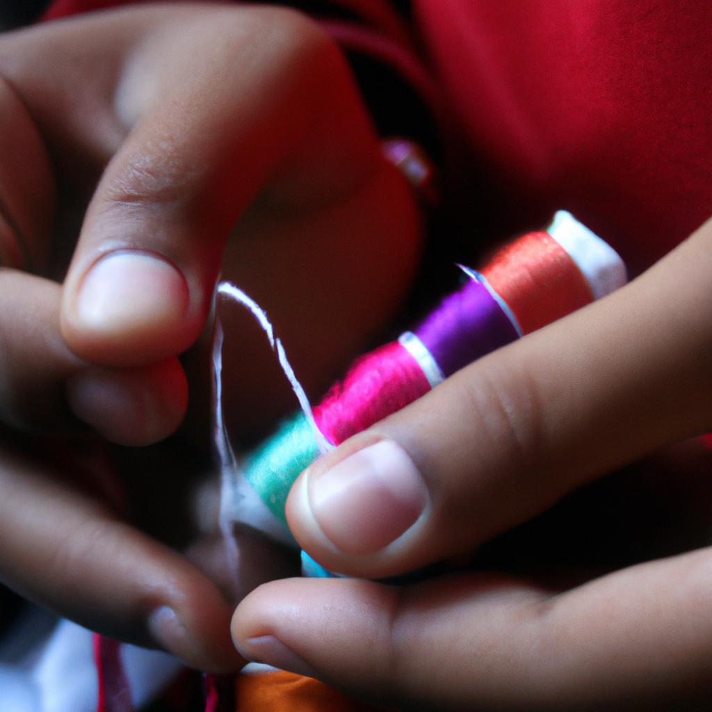 Person stitching with colorful thread